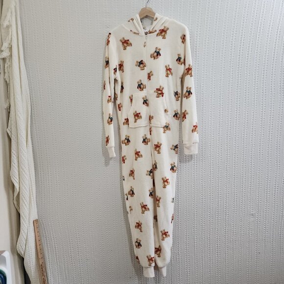 Forever 21 Teddy Bear Fleece Hooded Onesie Pajamas Cream Cozy Size Small - Picture 2 of 12